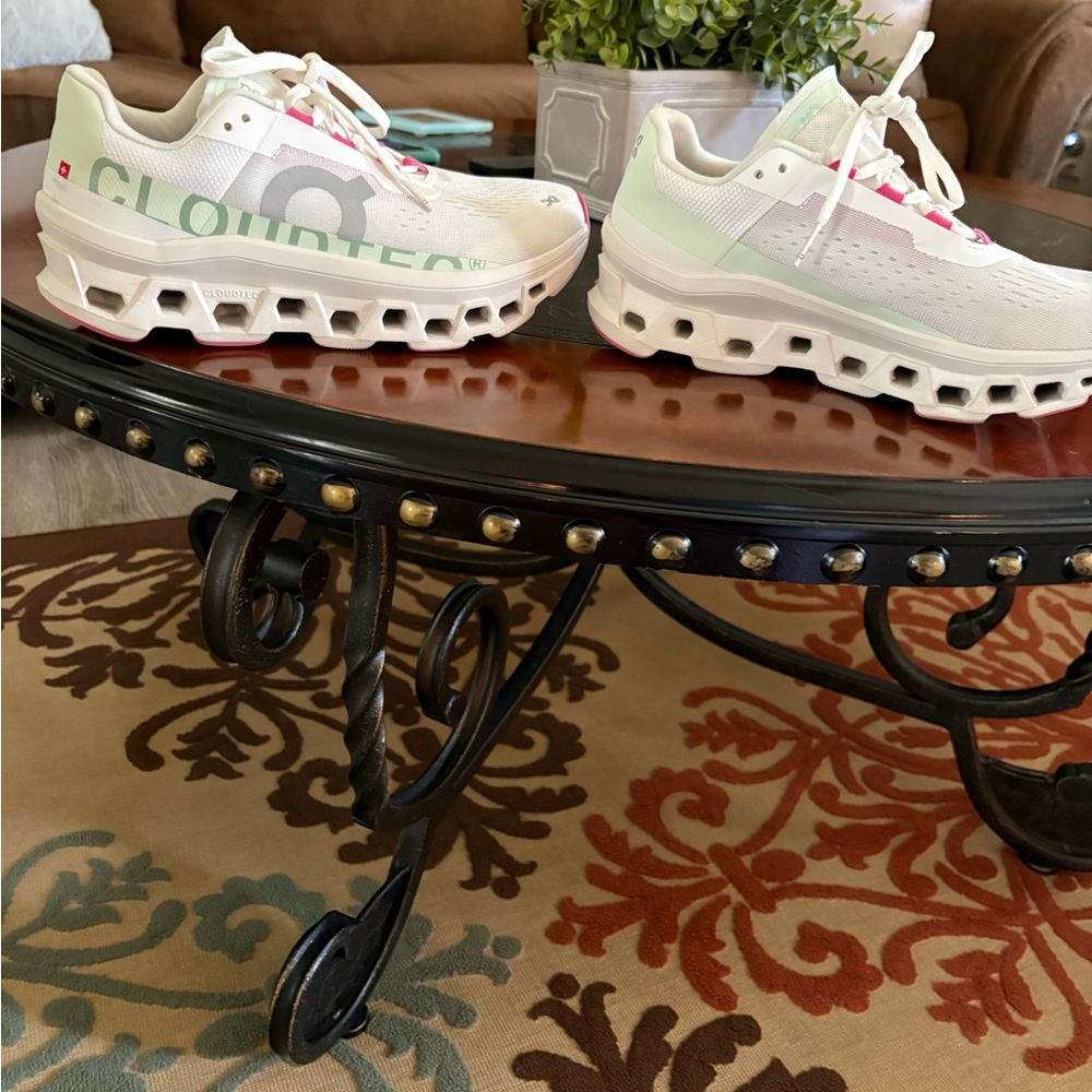 On Running White Sneakers with Mint and Pink Accents - Picture 2 of 6